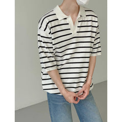 Korean Style High Quality Summer Lapel Polo T Shirt for Men Striped Knitted Top Casual Loose Men's Short Sleeve Tee Polo Shirt voguable