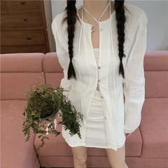 Voguable 2024 Spring New High Street Fashion Sunscreen White Long-sleeved Shirt for Women + Sexy Slim A-line Skirt Two-piece Suit voguable