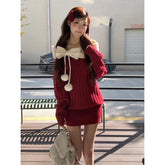 Voguable Vintage Red Bow Knitted Mini Dress Women Christmas Slash Neck Sweater Dresses Winter Korean Sexy Long Sleeve Bodycon Vestidos voguable