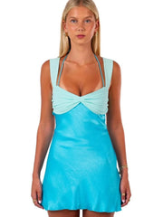 Mozision Patchwork Sleeveless Sexy Mini Dress For Women Robe Satin Strapless Backless Lace-up High Waist A-line Club Dress voguable