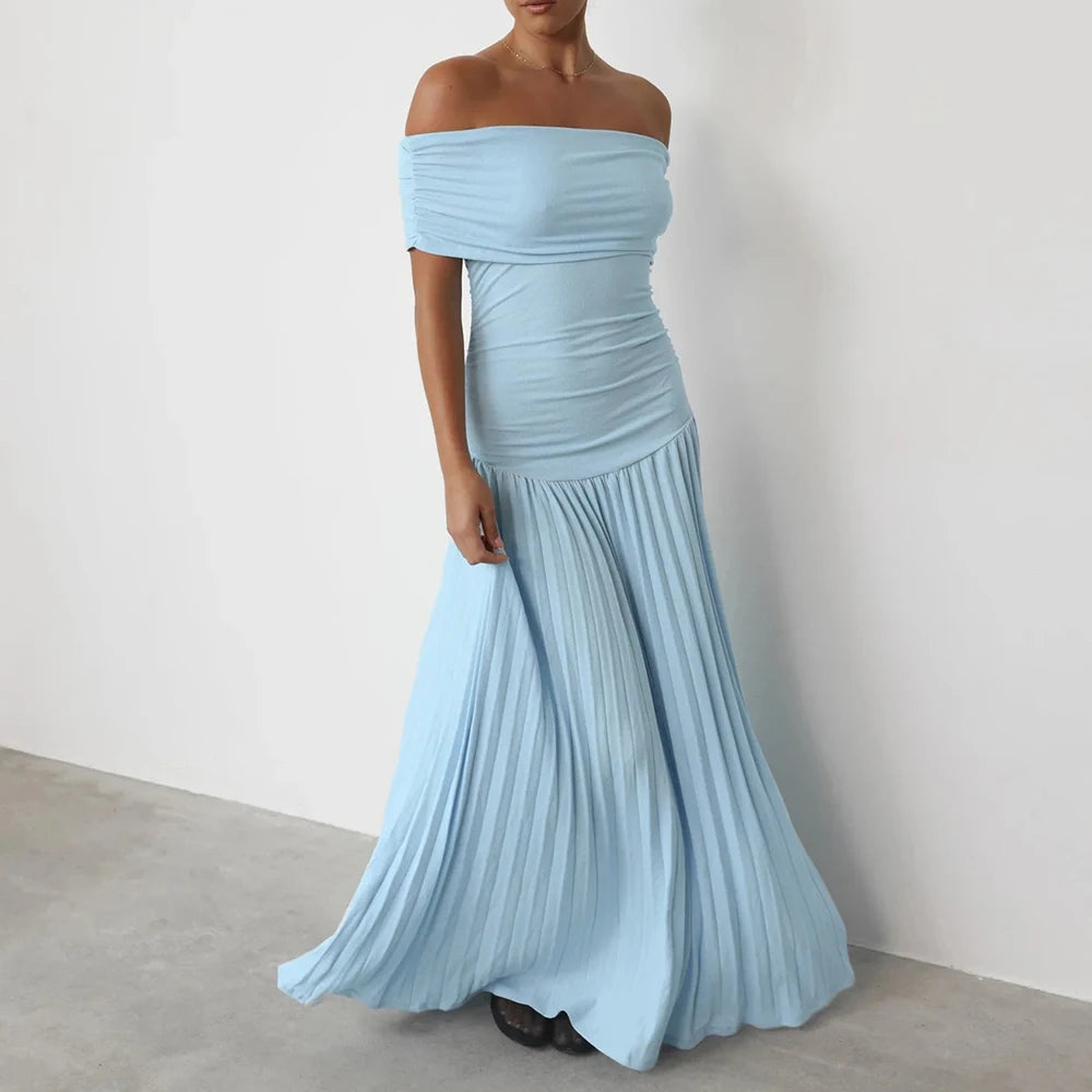 Dresses Summer Elegant Skinny Fit Solid Color Strapless Off Shoulder Fit and Flare Maxi Dresses For Women voguable