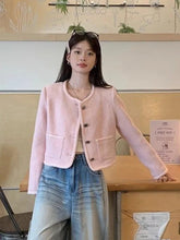 Pink Sweet Tweed Jackets Women Vintage O Neck Cute Elegant Long Sleeve Short Coats Retro Casual Single Breasted Pockets Outwear voguable