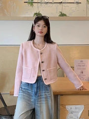 Pink Sweet Tweed Jackets Women Vintage O Neck Cute Elegant Long Sleeve Short Coats Retro Casual Single Breasted Pockets Outwear voguable