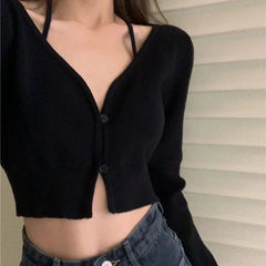 Sexy V Neck Crop Cardigans Y2K Summer Korean Long Sleeve Button Sweater Fashion Slim Thin Black Knitting Sun Protection Jumper voguable