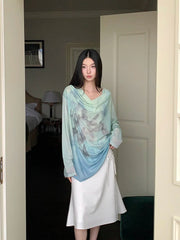 Gradient Fall 2025 Fashion Woman Oversize Graphic T Shirts Long Sleeve Top Cowls Blue Tee Autumn Streetwear Clothing voguable