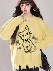 Kawaii Hole Sweet Sweaters Women Vintage Faux Mink Cashmere Cartoon Knitted Jumper Preppy Style Cute Japan Lazy Wind Tops voguable