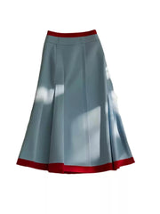 Bomon Y2K blue and red color contrast baseball slant skirt women 2024 new pre-fall fashion design high-waisted mid-long skirt voguable