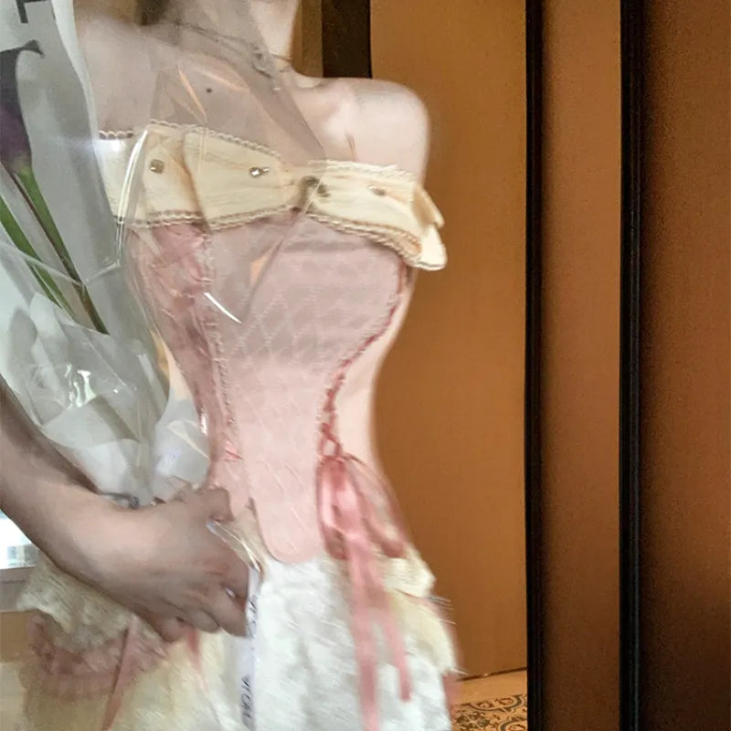 French Elegant Corset Suit Women Bow Tie Sexy Lace Tube Top White Shorts Two Piece Casual Fashion Summer Female Two Piece Set voguable