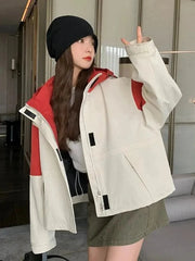 Vintage Patchwork Cargo Jacket Women Loose Preppy Style Long Sleeve Sweet Coat Casual Fall Female Retro All Match New Tops voguable