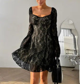 Voguable Autumn black sexy design with lace hollow out temperament square neck bubble sleeves slim fit lace up dress for women voguable
