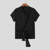 Men Shirt Lace Patchwork V Neck Short Sleeve Transparent Male Tops Streetwear Lace Up Sexy Shirts 2025 Men Clothing voguable