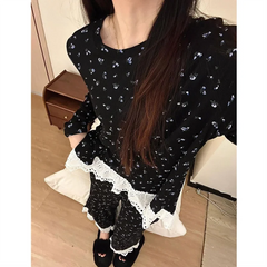 Women Spring Summer Long-Sleeved Pajamas Lace Sweet Florals Long Sleeve Top and Long Pants 2 Piece Set Casual Homewear Sets voguable