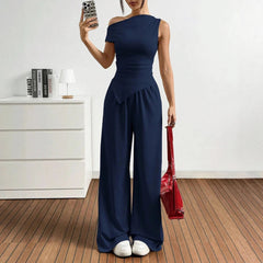 Sets Summer Casual Plain Asymmetrical Short Sleeve One-Shoulder T-Shirts Full Length Wide Leg Pants Sets For Women voguable