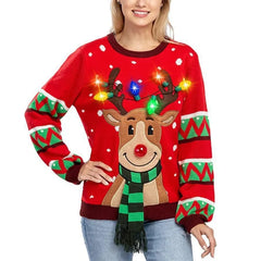 Women LED Light Up Holiday Sweater Christmas Cartoon Reindeer Knit Pullover Top voguable