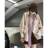 Vintage Tie Striped Shirts Women Harajuku Brooch Oversized Long Sleeve Blouses Streetwear Korean Preppy Print Loose Casual Tops voguable