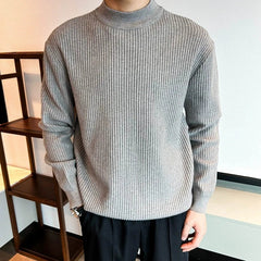 New Korean Retro Men Basic Sweaters Luxury Knit Solid Color Mock Neck Long Sleeve Pullover Casual Textured High Quality Knitwear voguable