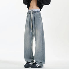 New Men's Jeans Washed Jeans Pants Unisex Drawstring Denim Pants Male Streetwear Korean Straight cylinder loose Cowboy Trousers voguable