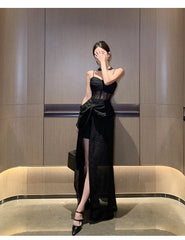 Voguable Summer New Black Slim Waist Women's Dresses Split Sleeveless French Style Sexy Fashion Female Evening Dress Party Club voguable