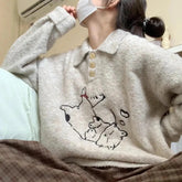 Voguable Japanese Casual Women Sweater Fall Winter Cat Embroidery Cute Loose Fashion Pullovers Long Sleeve Lazy Wind All Match Jumpers voguable