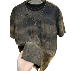 Men's New Vintage Tie-Dye Short Sleeve Black Wash With Old Ripped sequins Loose TShirts Casual Streetwear Hip Hop Tee Shirt voguable