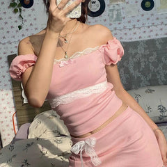 Sweet Coquette Crop Top Lace Patchwork Square Collar Skinny Pink T Shirts Women Vintage 2000s Puff Sleeve Tees Kawaii y2k voguable