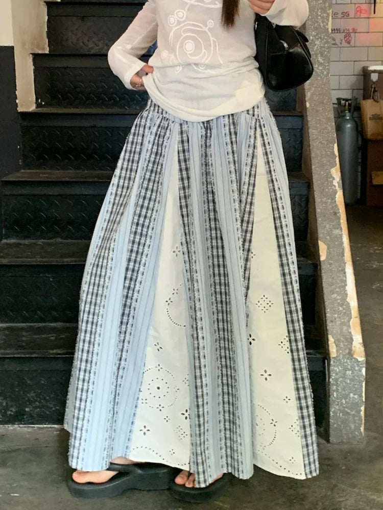 Sweet Lace Patchwork Long Skirts Women Korean Loose High Waist Skirt Casual Design Striped Plaid Elegant Female Skirts New voguable