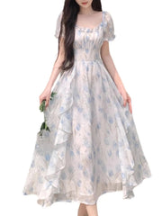 Voguable Summer French Style Floral Printed Dress Slim Casual Long Chiffon Dress Short Sleeve Women Vacation Fairy Dress voguable