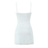 Sexy Women Flocking Polka Dot Mesh Dress Summer Lady Thin Straps V Neck A-line Sling Mini Dress White Robe voguable