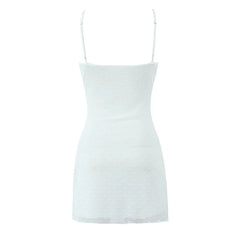 Sexy Women Flocking Polka Dot Mesh Dress Summer Lady Thin Straps V Neck A-line Sling Mini Dress White Robe voguable