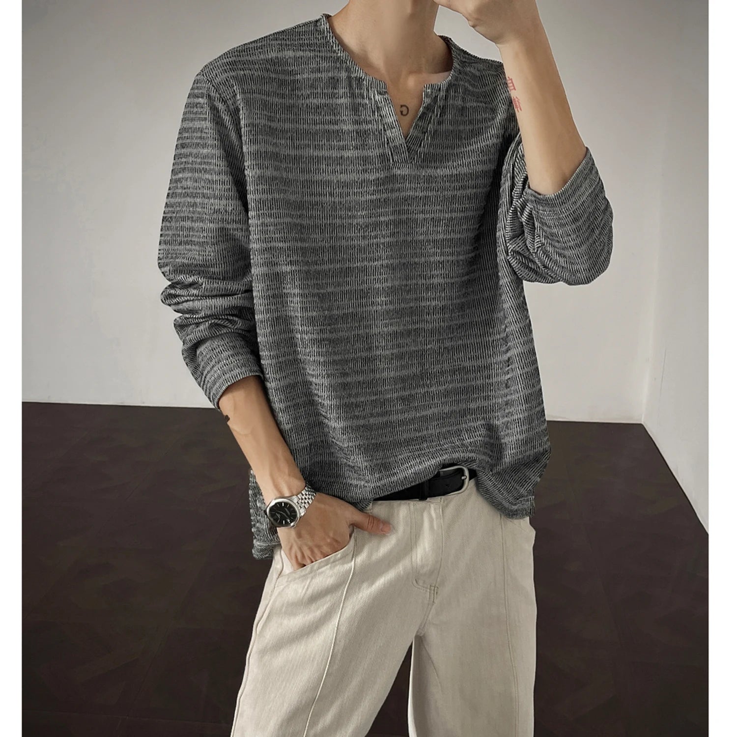 2025 New Fall Mens Long Sleeve Tshirt Soft Comfortable Casual Knitted Shirt V Neck Top Fashion Mens Clothing Teen Boys Clothing voguable