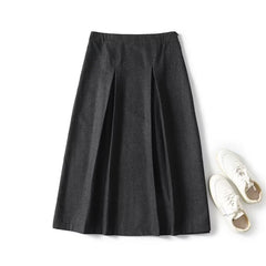 Women Autumn Winter Dark Gray Pleated A-line Midi Skirt Vintage High Waist Office Elegant Skirts