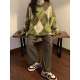 Voguable Lazy Style Retro Print Grid Soft Sticky Thick Sweater Women Round Neck Student Autumn Winter Korean Loose Patchwork Knit Tops voguable