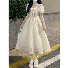 Voguable Summer Puff Sleeve Princess Dress Women French Style Bow Tie Midi Dress Slim A-line Girl Party Fairy Dress voguable