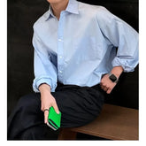 Voguable Spring New Korean Light Blue Shirt Men Oversized Solid Color Lapel Button Pocket Loose Business Casual Long Sleeve Men Shirts voguable