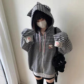 Voguable Cartoon Embroidery Women Hoodies Japanese Sweet Cute Cat Ears Striped Hooded Sweatshirts Harajuku Streetwear Loose Casual Coats voguable