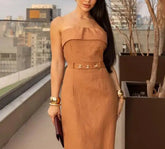 Voguable Autumn New Women's Fashionable and Sexy Solid Color Sleeveless Button Belt Open Back Split Dress voguable