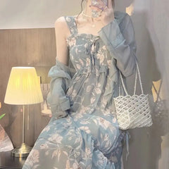 Voguable Summer Floral Printed Suspender Dress Slim Women Sleeveless Fairy Long Dress Casual Vacation Casual Dress Two-piece voguable