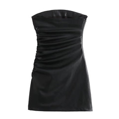 Voguable Sexy Women Strapless Black Faux Leather Draped Dresses Party voguable