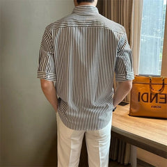 New Fashion Striped Stand Collar Men Shirts Luxury Casual Textured Half Sleeve Cardigan Tops Summer Business Slim-fit Blouse voguable