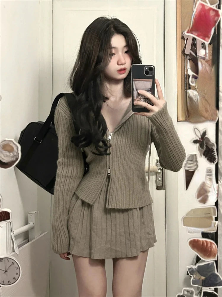 Voguable Korean Fashion Women 2 Piece Set Casual Zipper Sweater Blouse + Elegant Slim Mini Skirt Party Pure Color Clothing Autumn voguable