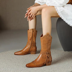 New Genuine Leather Retro Boots Women Zipper Mid Calf Boots Square High Heels Punk Chunky Cowboy Western Boots Female Shoes voguable