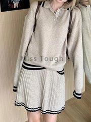 College Style Elegant Sweater Skirt Suit Women Fashion Polo Neck Tops + Pleated Mini Skirt Harajuku Knit Casual Two Piece Suit Pbong