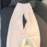 Voguable Women Pink Plaid Pants Winter Plush Sweet Preppy Loose Casual Fashion Trouser Simple Korean High Waist Straight Wide Leg Pants voguable