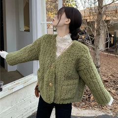 Women Lamb Wool Jackets Autumn Winter Thick Warm Faux Fur Button Outerwear Korean Loose Elegant V Neck Furry Short Coat voguable