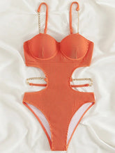 Voguable Sexy Push Up Underwire One Piece Swimsuit Women Solid Pink Metal Chain Hollow Out Ribbed Bathing Suit Backless Swimwear Monokini voguable
