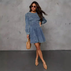 Elegant Denim Dress For Women Autumn Long Sleeve A-Line Sexy Patchwork Slim Dresses Fashion Lady Club Streetwear Jean Dress