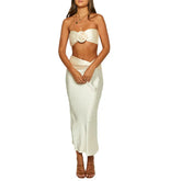 Voguable Women Outfit Set 2 Piece Off Shoulder Strapless Sleeveless Tube Top with 3D Flower and Long Skirt Sexy Party Clubwear voguable