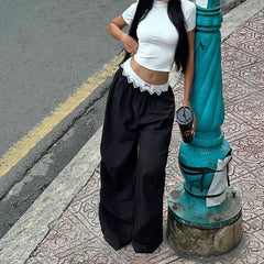 Contrast Lace Stitching Wide Leg Pants Streetwear y2k Low Rise Loose Black Trousers for Women Korean Fashion Baggy Capris voguable