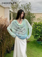 Gradient Fall 2025 Fashion Woman Oversize Graphic T Shirts Long Sleeve Top Cowls Blue Tee Autumn Streetwear Clothing voguable