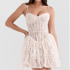 Women Sexy Elegant Lace Sling Mini Dresses Fashion Low Waist Fit And Flare Party Dress Female Christmas Robe